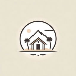 Line art logo design incorporating elements of desert, swimming pool and rustic hut