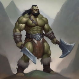 A 34-year-old half-orc barbarian standing in a rugged landscape, with a fierce and determined expression