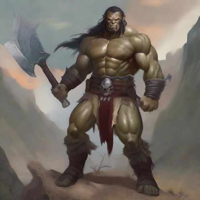 A 34-year-old half-orc barbarian standing in a rugged landscape, with a fierce and determined expression