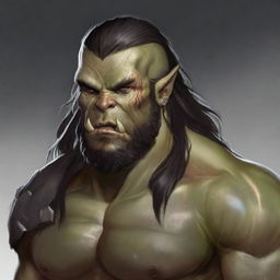 Create a detailed character portrait of a 34-year-old male half-orc barbarian from Dungeons and Dragons