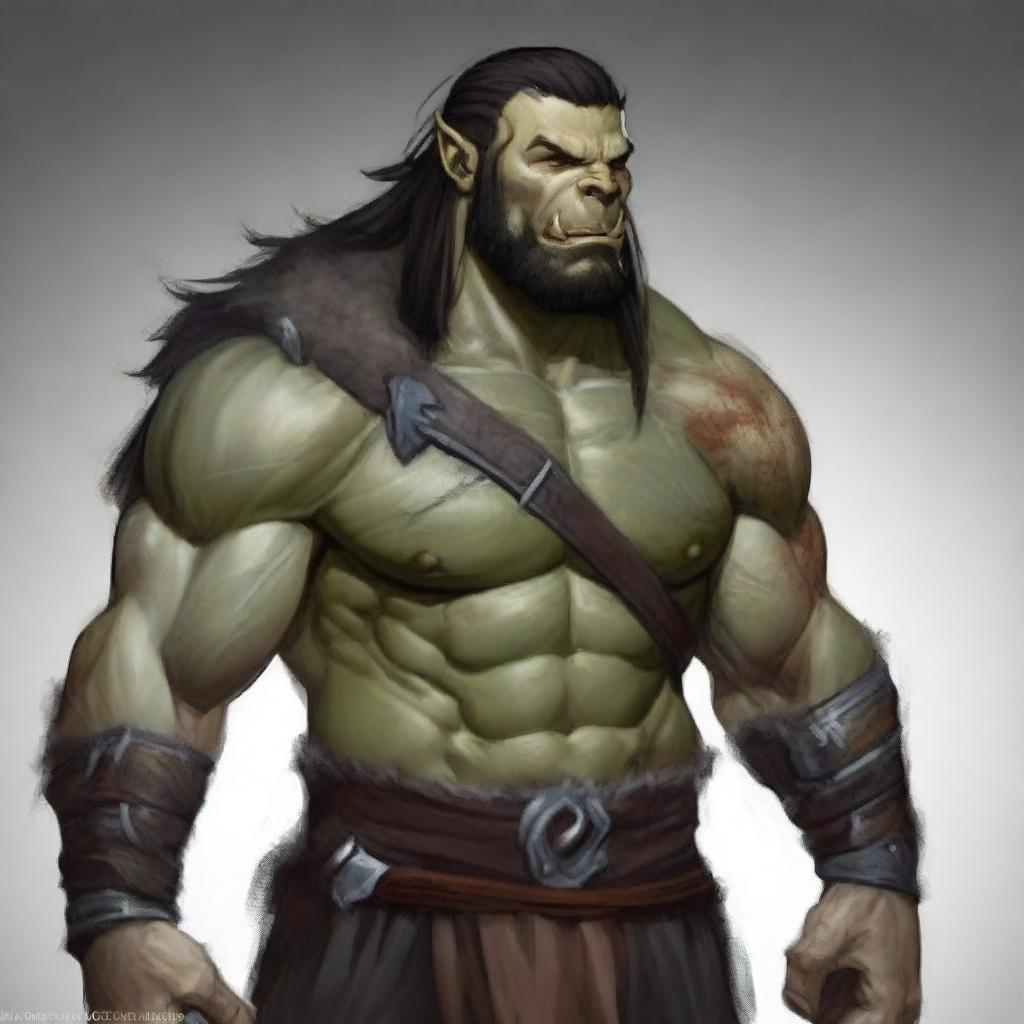 Create a detailed character portrait of a 34-year-old male half-orc barbarian from Dungeons and Dragons