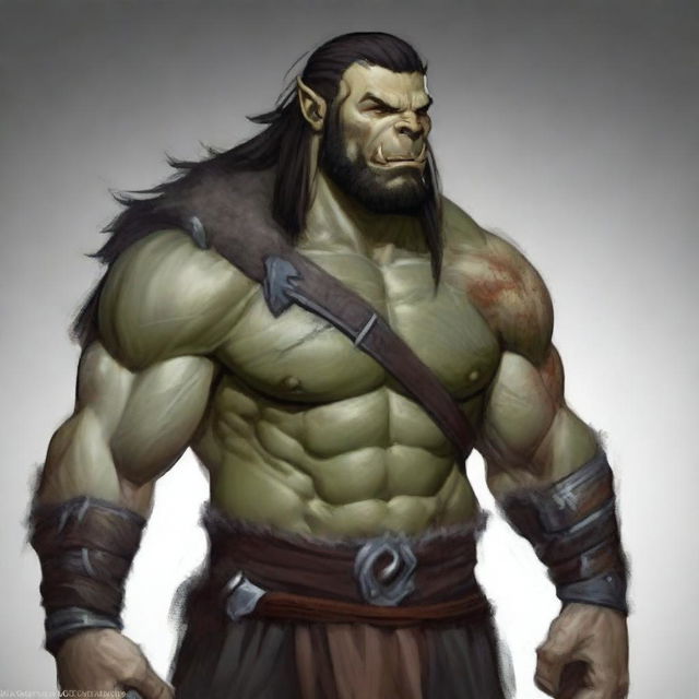 Create a detailed character portrait of a 34-year-old male half-orc barbarian from Dungeons and Dragons