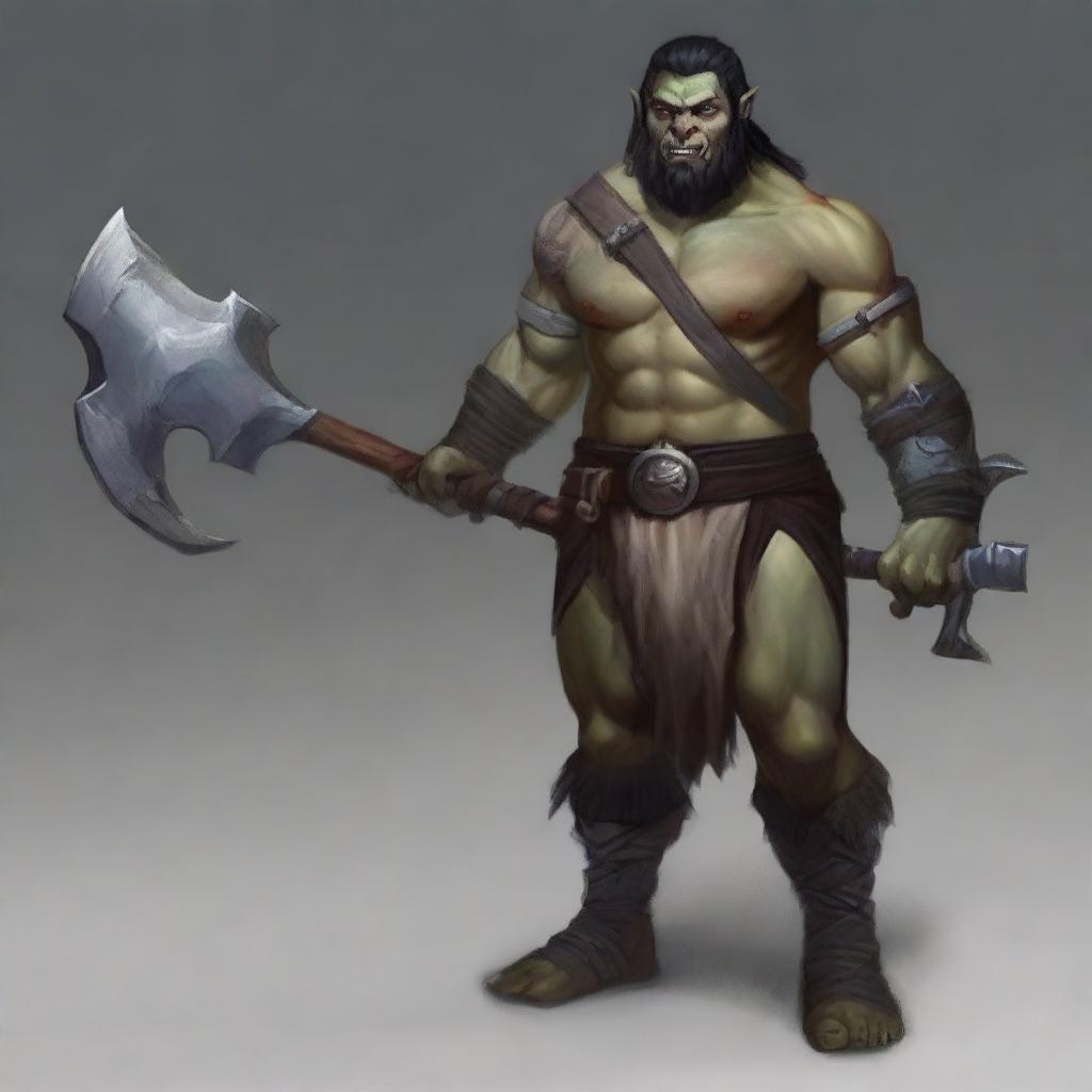 A male half-orc barbarian, 34 years old, 1