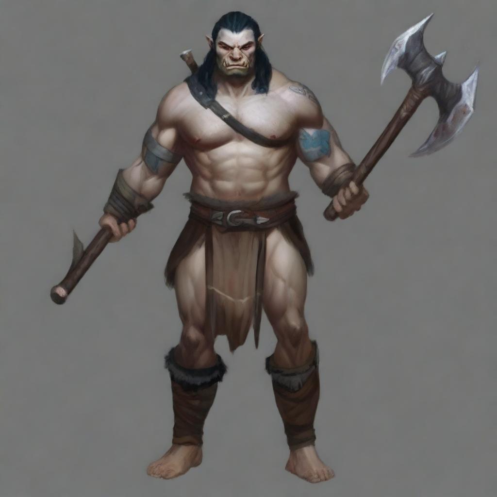 A male half-orc barbarian, 34 years old, 1