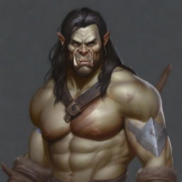 Create a detailed portrait of a male half-orc barbarian