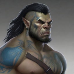 Create a detailed portrait of a male half-orc barbarian