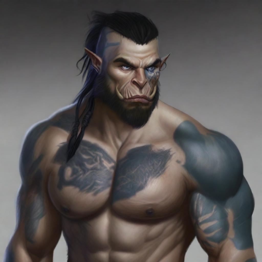 Create a detailed portrait of a male half-orc barbarian