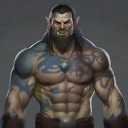 A detailed portrait of a Half-Orc Barbarian, 34 years old, male, standing 1