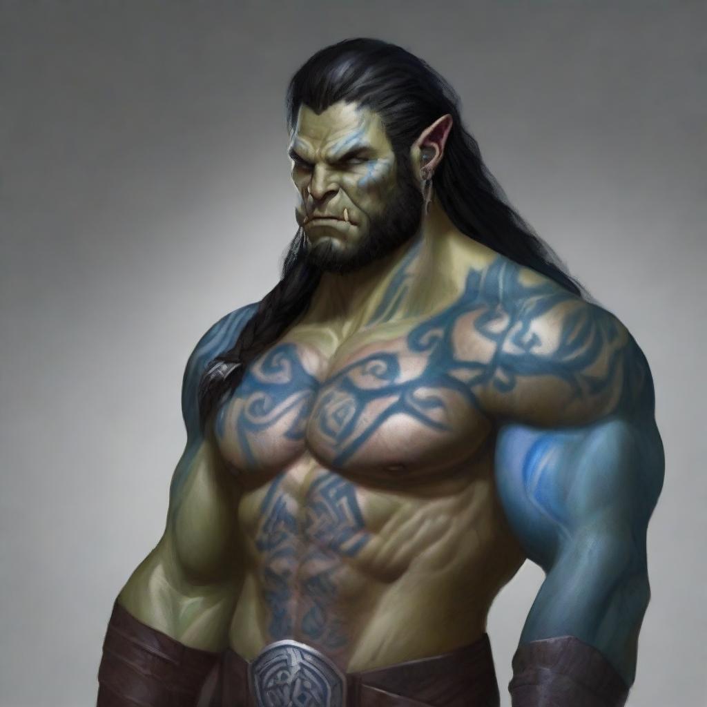 A detailed portrait of a Half-Orc Barbarian, 34 years old, male, standing 1