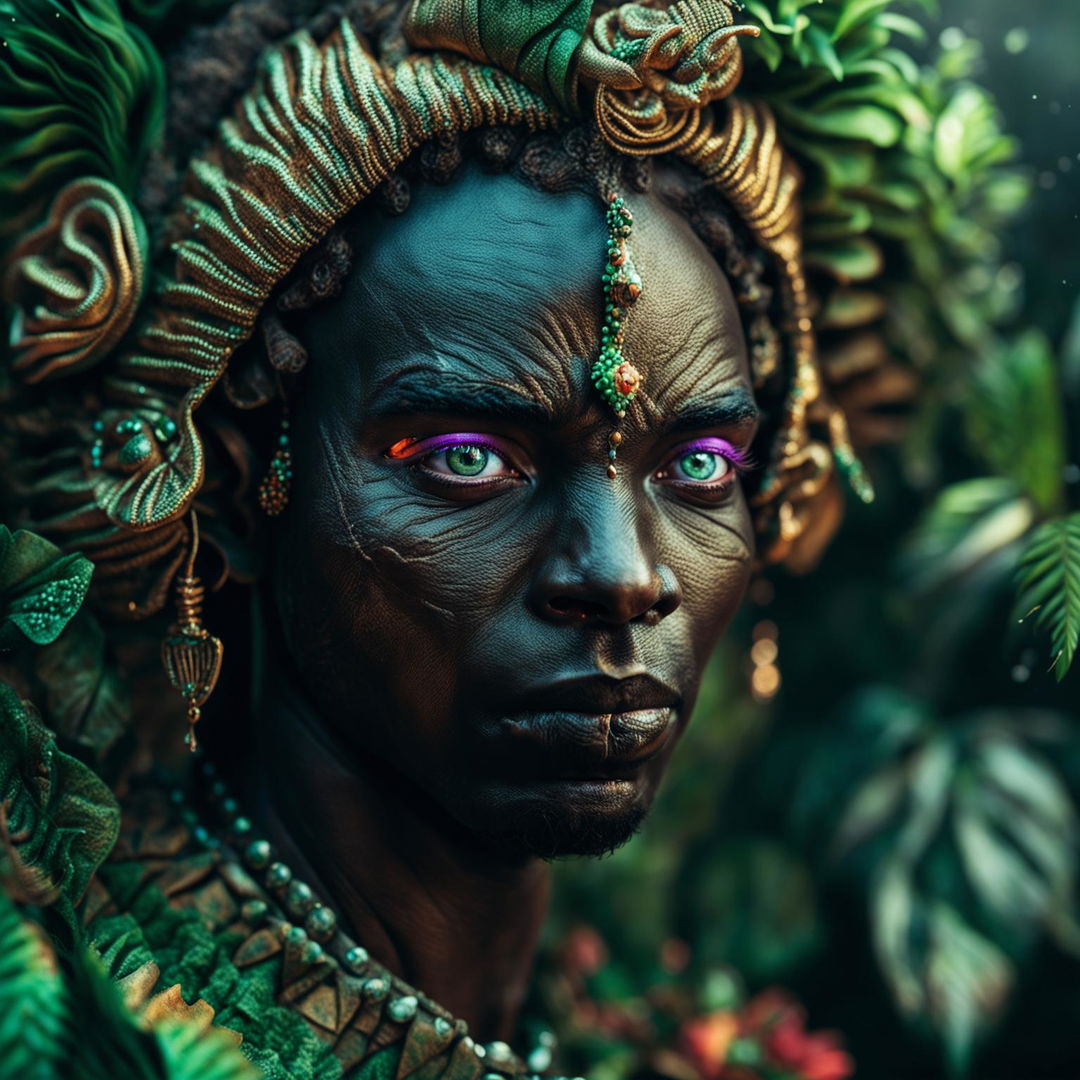 Intense close-up of an African elf man's face in Rococo attire in a vibrant, magical African jungle. The image captures immaculate composition and lighting, highlighting the intricate details of his face.