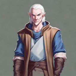 A full-body image of a Dungeons & Dragons character who is a high elf with white hair and eyebrows, blue eyes, and very pale, slightly bluish skin