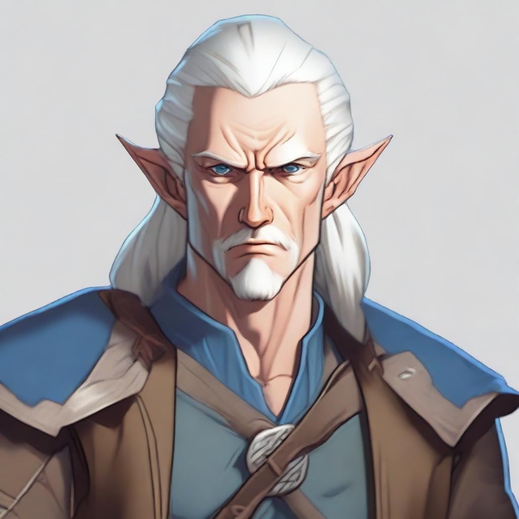 A full-body image of a Dungeons & Dragons character who is a high elf with white hair and eyebrows, blue eyes, and very pale, slightly bluish skin