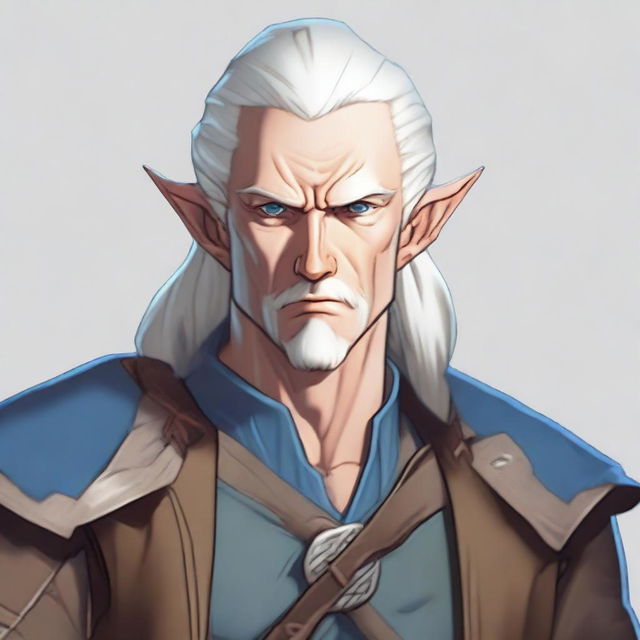 A full-body image of a Dungeons & Dragons character who is a high elf with white hair and eyebrows, blue eyes, and very pale, slightly bluish skin