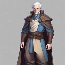 A full-body image of a Dungeons & Dragons character who is a high elf with white hair and eyebrows, blue eyes, and very pale, slightly bluish skin