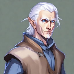 A full-body image of a Dungeons & Dragons character who is a high elf with white hair and eyebrows, blue eyes, and very pale, slightly bluish skin