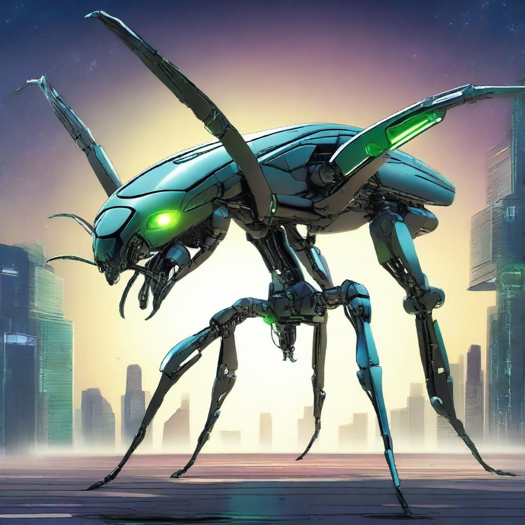 Create an image of a giant robotic mantis equipped with various futuristic weapons