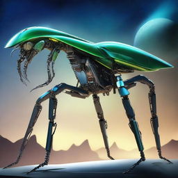 Create an image of a giant robotic mantis equipped with various futuristic weapons