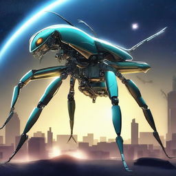 Create an image of a giant robotic mantis equipped with various futuristic weapons