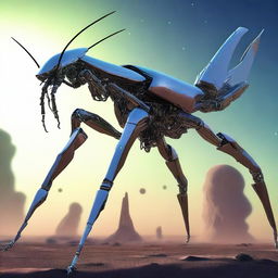 Create an image of a giant robotic mantis equipped with various futuristic weapons