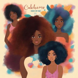 Create a book cover that features a diverse range of characters with curly, kinky, and coily hair