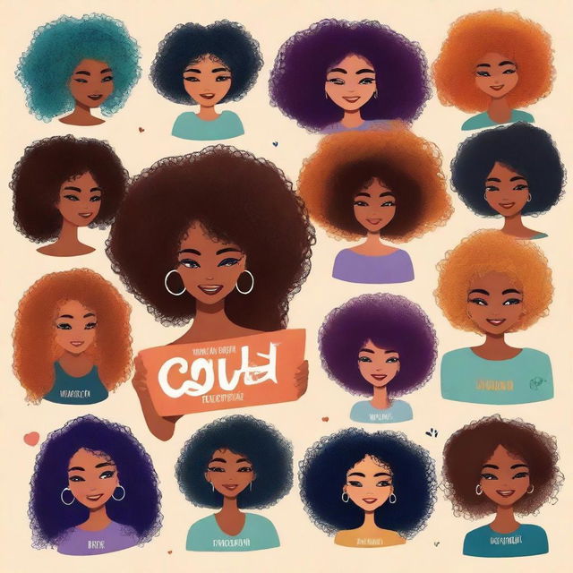 Create a book cover that features a diverse range of characters with curly, kinky, and coily hair