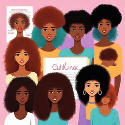 Create a book cover that features a diverse range of characters with curly, kinky, and coily hair