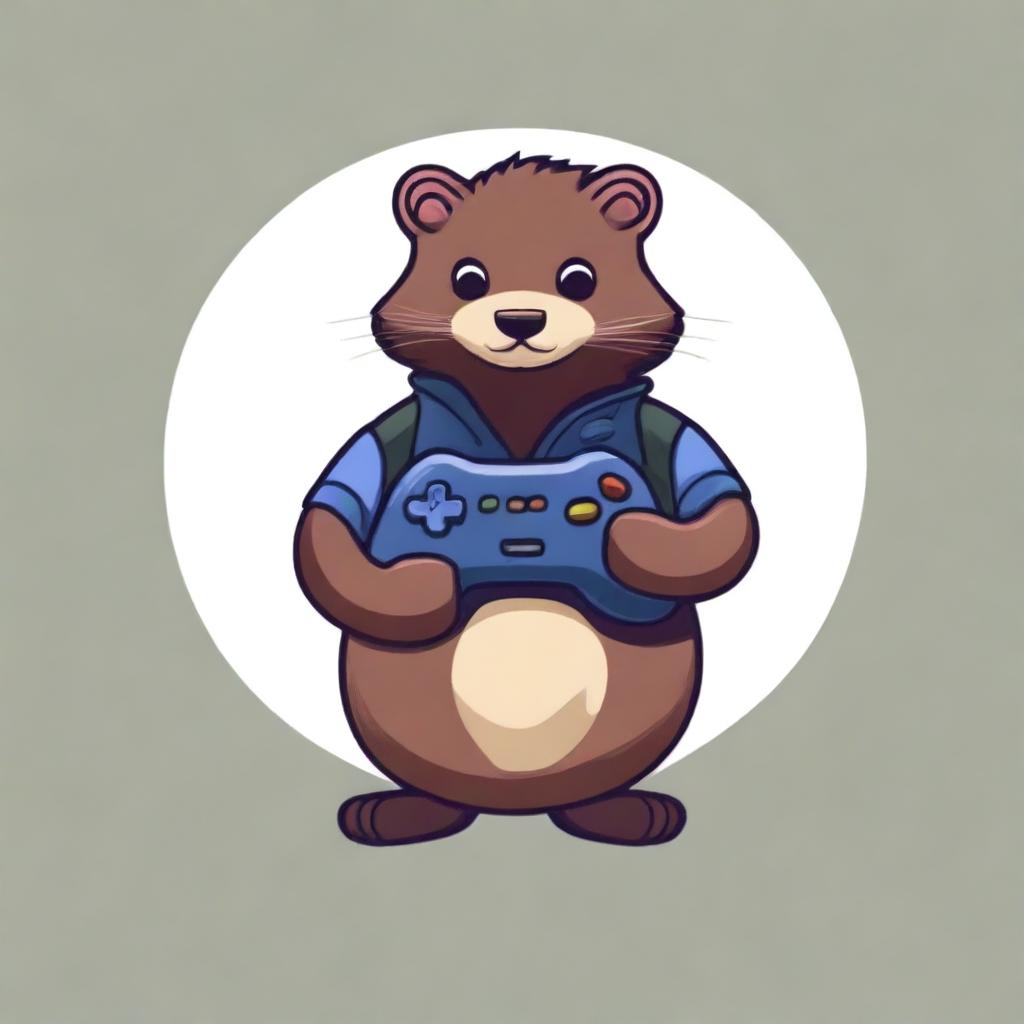 A full-body drawing of a mink holding a gamepad, designed for a gaming company logo