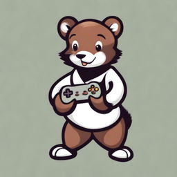 A full-body drawing of a mink hugging a gamepad, designed for a gaming company logo