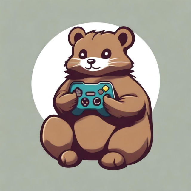 A full-body drawing of a mink hugging a gamepad, designed for a gaming company logo