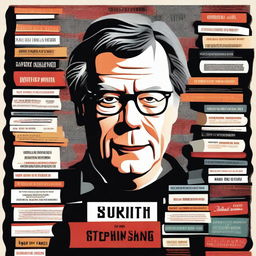 An inspiring illustration of Stephen King, the renowned author, surrounded by his iconic books