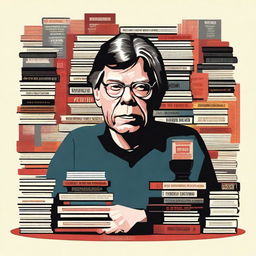 An inspiring illustration of Stephen King, the renowned author, surrounded by his iconic books