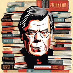 An inspiring illustration of Stephen King, the renowned author, surrounded by his iconic books