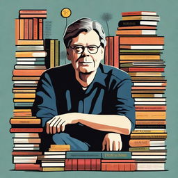 An inspiring illustration of Stephen King, the renowned author, surrounded by his iconic books