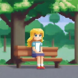 Create an image of a blonde girl sitting on a bench in pixel art style