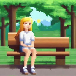 Create an image of a blonde girl sitting on a bench in pixel art style