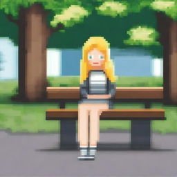 Create an image of a blonde girl sitting on a bench in pixel art style