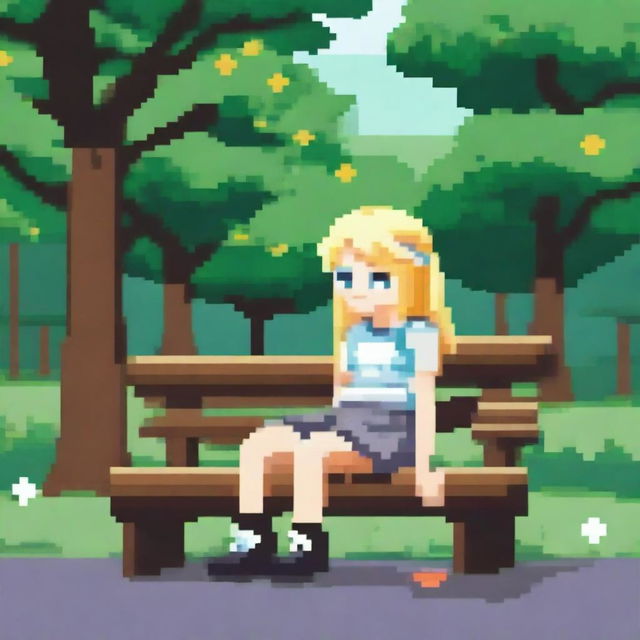 Create an image of a blonde girl sitting on a bench in pixel art style