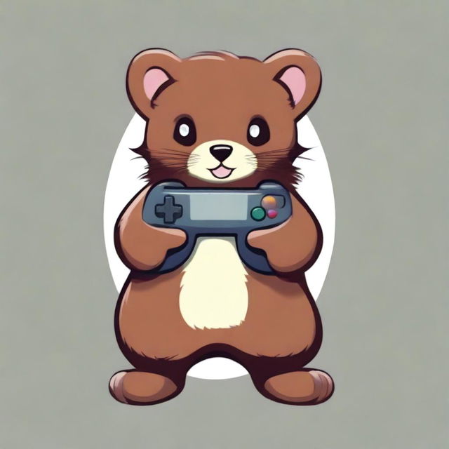 A full-body drawing of a mink hugging a gamepad, designed for a gaming company logo