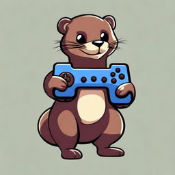 A full-body drawing of a mink hugging a gamepad, designed for a gaming company logo