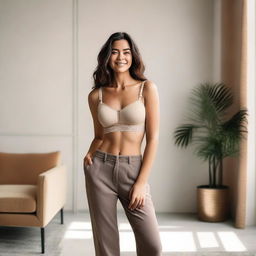 A young woman wearing a bra and pants, standing confidently in a stylish and modern room