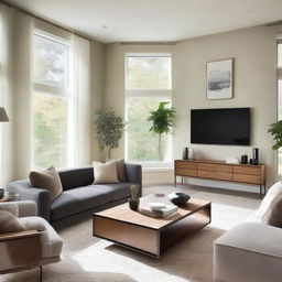 A beautifully redesigned living room featuring modern furniture, elegant decor, and a cozy atmosphere