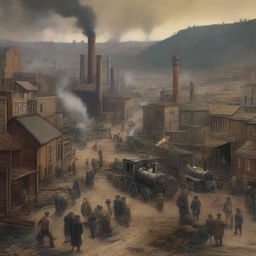 A detailed depiction of a coal mining town in the 1890s, focusing on the pit top area