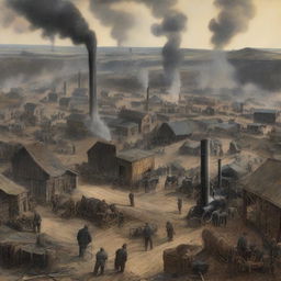 A detailed depiction of a coal mining town in the 1890s, focusing on the pit top area