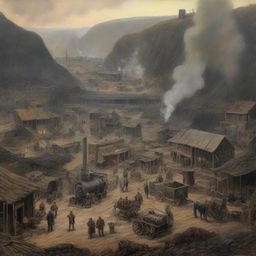 A detailed depiction of a coal mining town in the 1890s, focusing on the pit top area