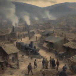 A detailed depiction of a coal mining town in the 1890s, focusing on the pit top area