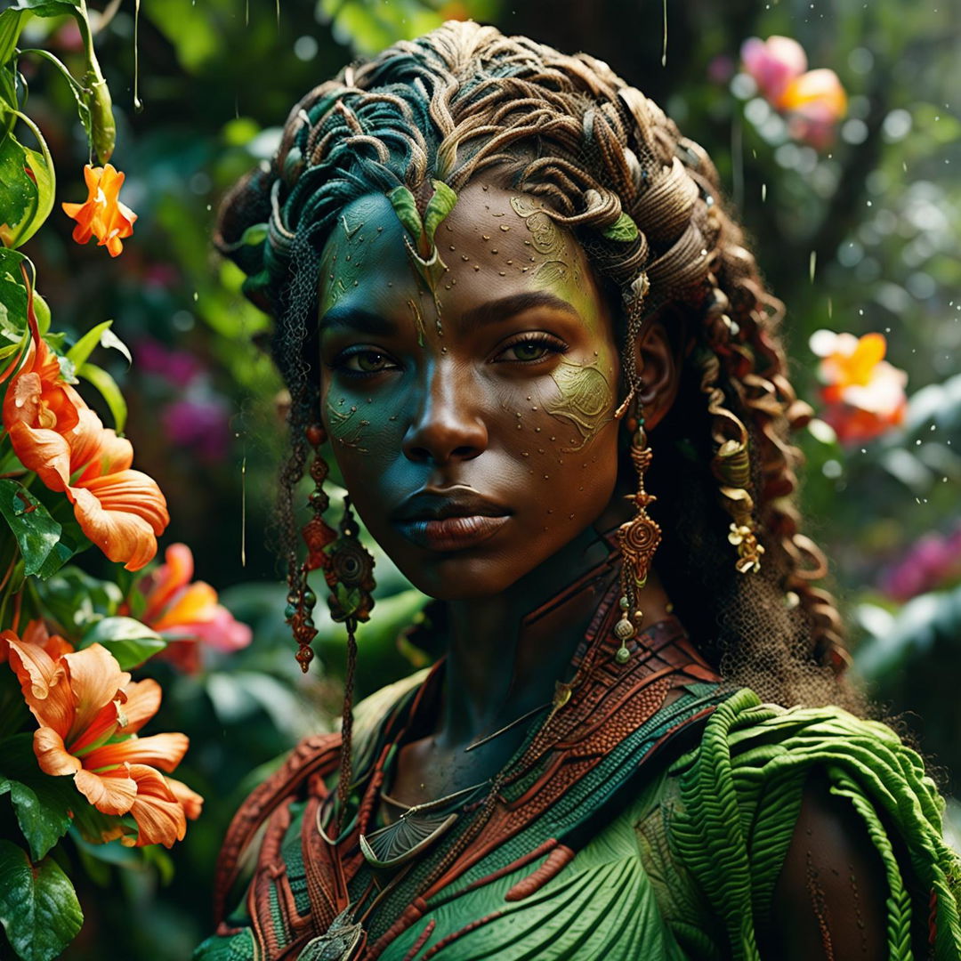 Hyper-realistic 3D image of an intense close-up of an African elf woman with braids in a rococo outfit, standing in a vibrant, magical African jungle. Her face is intricately detailed, and the image is shot with immaculate composition and lighting.