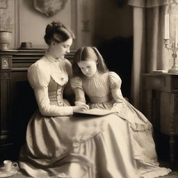 A heartwarming scene of a mother and daughter in the 1890s