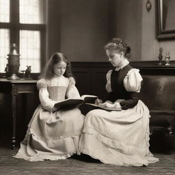 A heartwarming scene of a mother and daughter in the 1890s