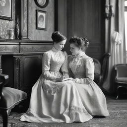 A heartwarming scene of a mother and daughter in the 1890s