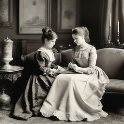 A heartwarming scene of a mother and daughter in the 1890s